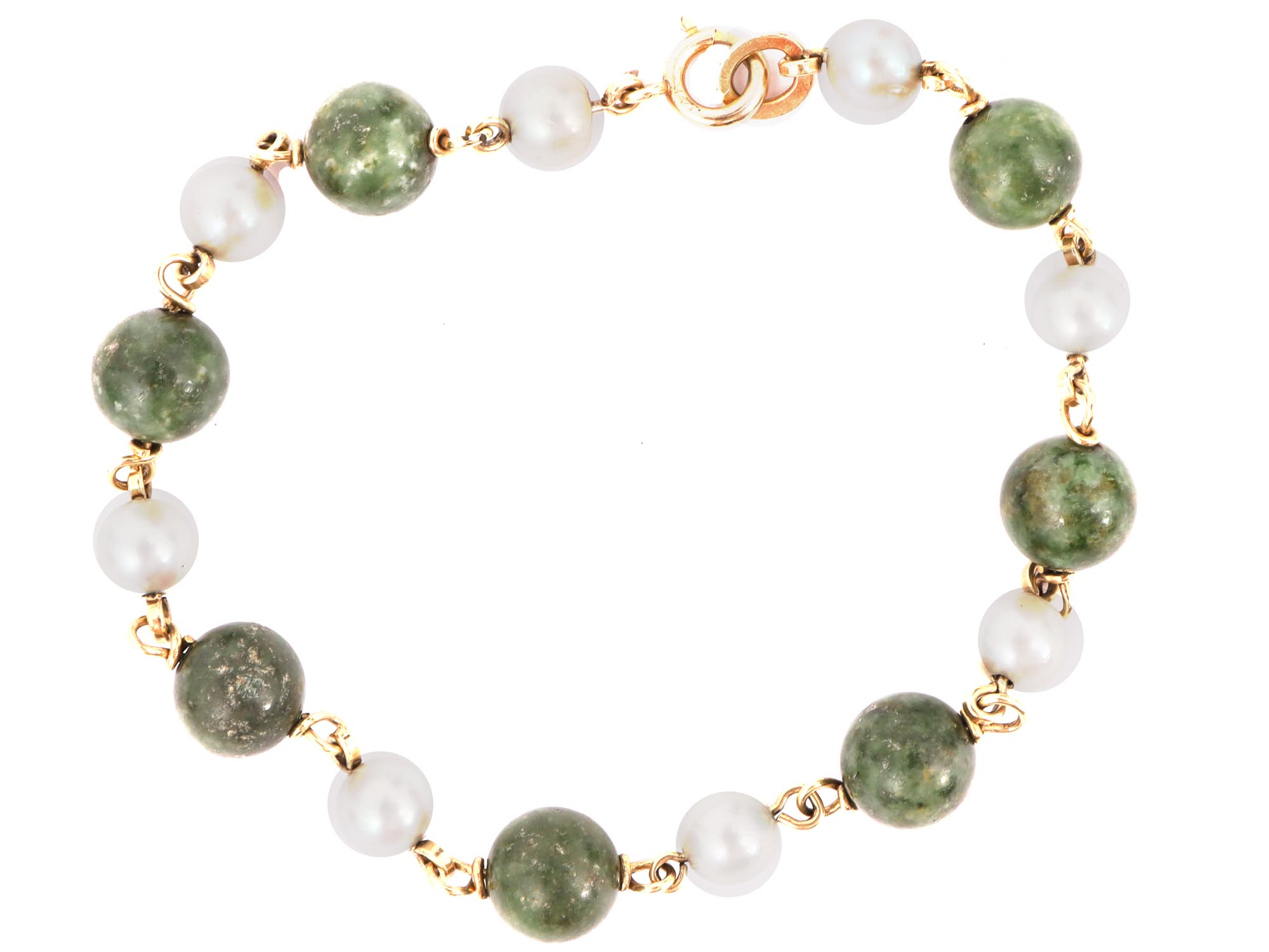 14K GOLD CHAIN BRACELET WITH JADE AND PEARL BEADS PIC-0